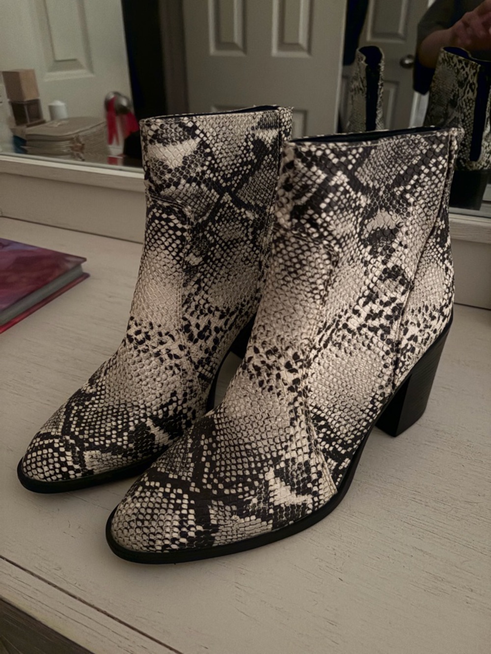 Tilly's Black and White Snake-Print Ankle Boots